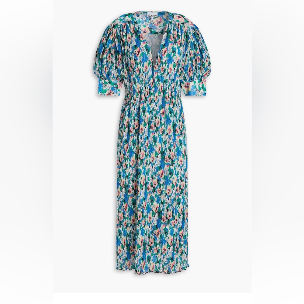 Ganni Floral Print Plisse Georgette Midi Dress Size FR38 (us6)